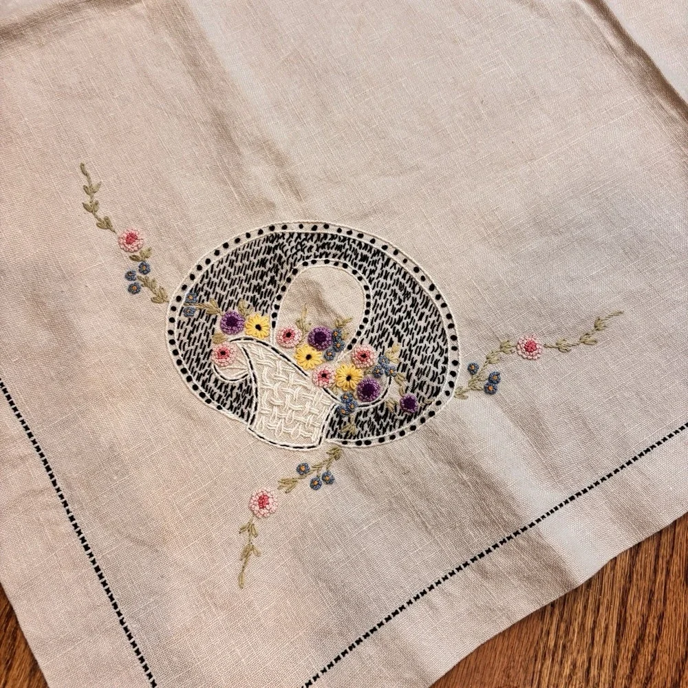 Vintage Linen Tablecloth Embroidered‎ Flower Basket Cutwork Hemstitch 34x36